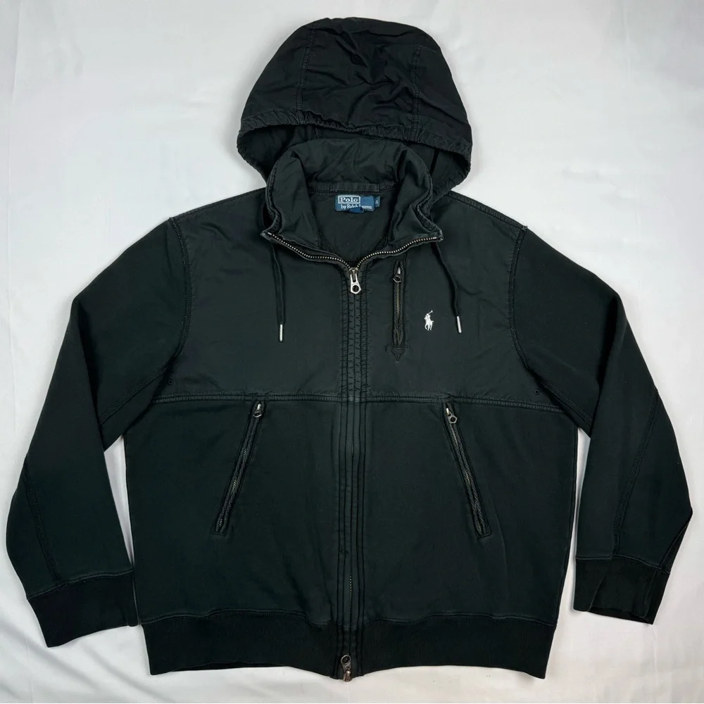 Vtg Polo Ralph Lauren Mens Hooded Navy Jacket XL Black Y2K Full Zip C7
